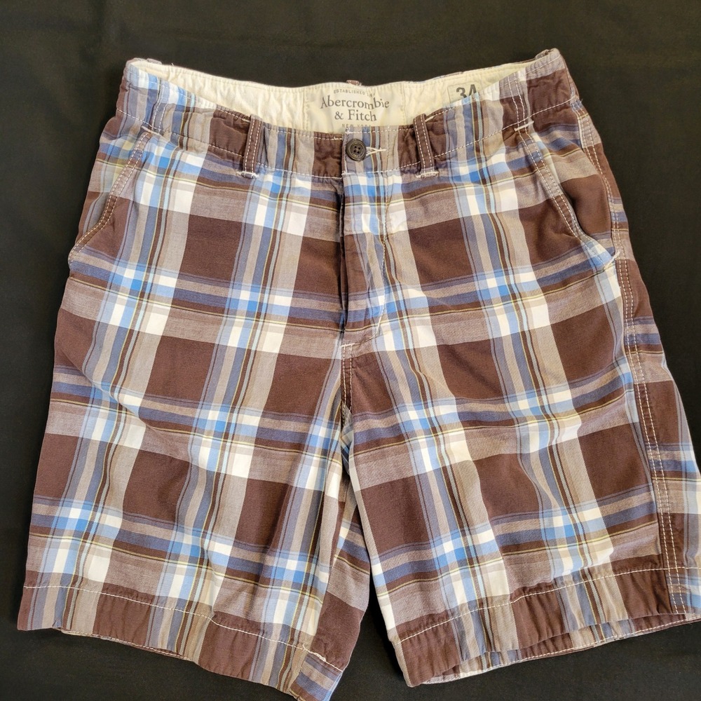 Abercrombie & Fitch Mens Plaid Shorts Brown Blue White Cotton Size 34x9
